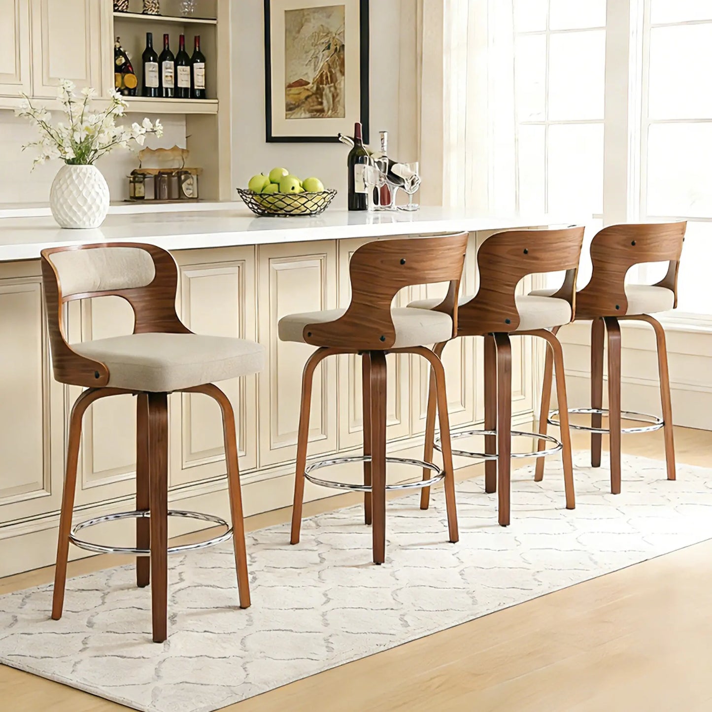 Counter Height Bar Stools Set - Mid-Century Modern Swivel Design with Bentwood Legs and Leather Upholstery, 360° Rotation, Available in Stylish Gray, Beige, Black, and White for Kitchen, Home Bar, or Restaurant