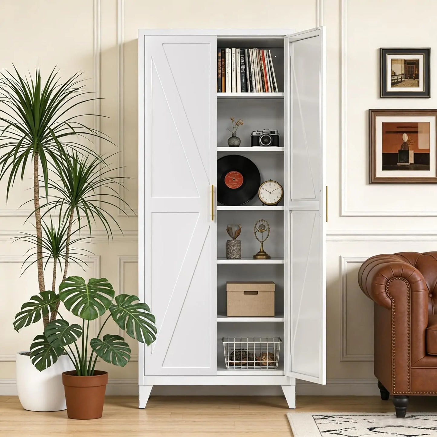 75" H Metal Pantry Storage Cabinet with Doors,Farmhouse Kitchen Pantry Cabinet with 5 Adjustable Shelves for Kitchen, Living Room,Assemble Required,White,15.75" D X 31.5" W X 75.3" H