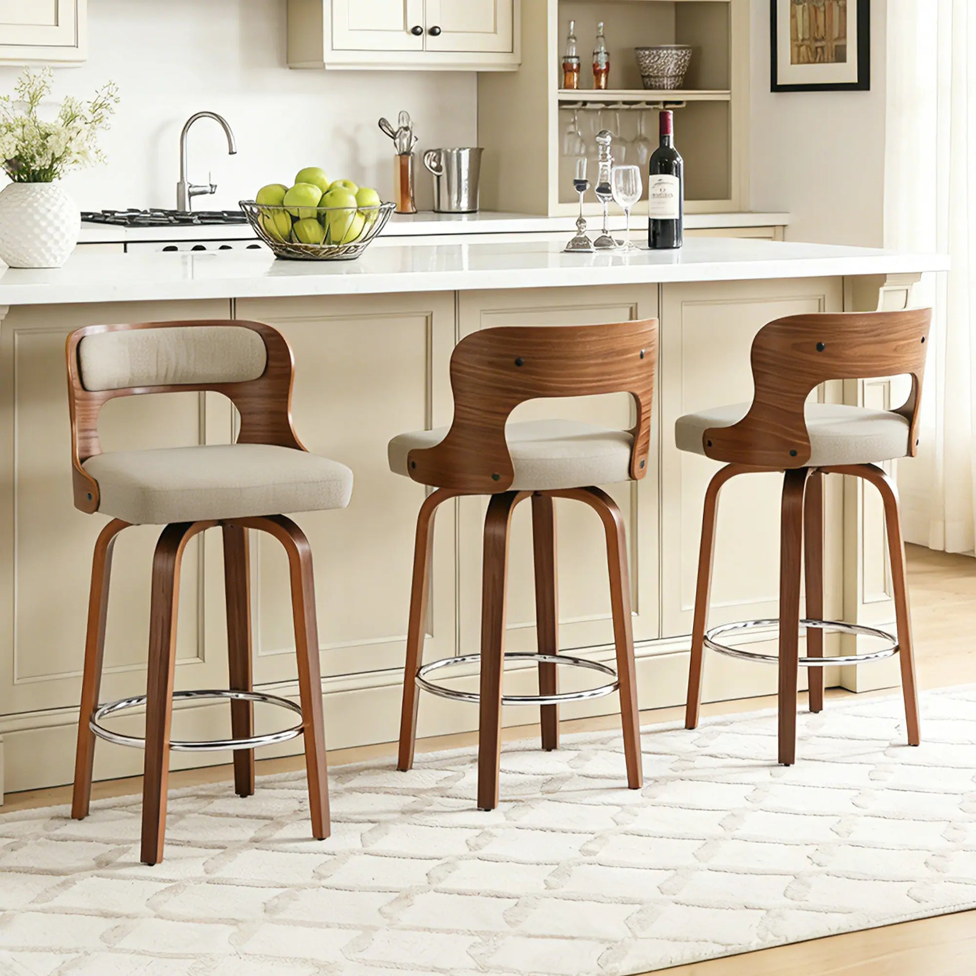 Counter Height Bar Stools Set - Mid-Century Modern Swivel Design with Bentwood Legs and Leather Upholstery, 360° Rotation, Available in Stylish Gray, Beige, Black, and White for Kitchen, Home Bar, or Restaurant
