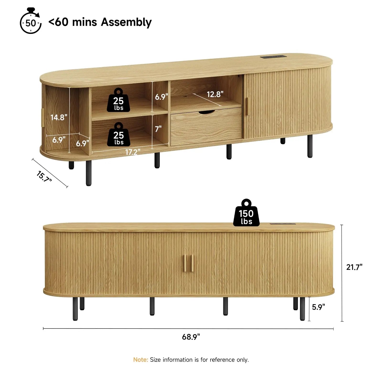 【Categoryselect】Onbrill Mid-Century Modern Wooden TV Stand - 55/63/69 In, Fluted Look, Power Outlets, Sliding Doors, Adjustable Shelves, Easy Assembly, for 60/70 in Tvs, Living Room Furniture Media Console TV Shelf