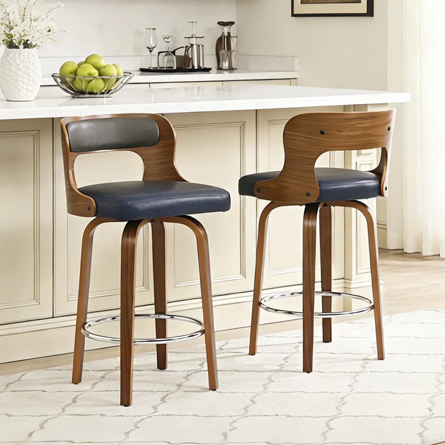 Counter Height Bar Stools Set - Mid-Century Modern Swivel Design with Bentwood Legs and Leather Upholstery, 360° Rotation, Available in Stylish Gray, Beige, Black, and White for Kitchen, Home Bar, or Restaurant