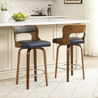 Counter Height Bar Stools Set - Mid-Century Modern Swivel Design with Bentwood Legs and Leather Upholstery, 360° Rotation, Available in Stylish Gray, Beige, Black, and White for Kitchen, Home Bar, or Restaurant