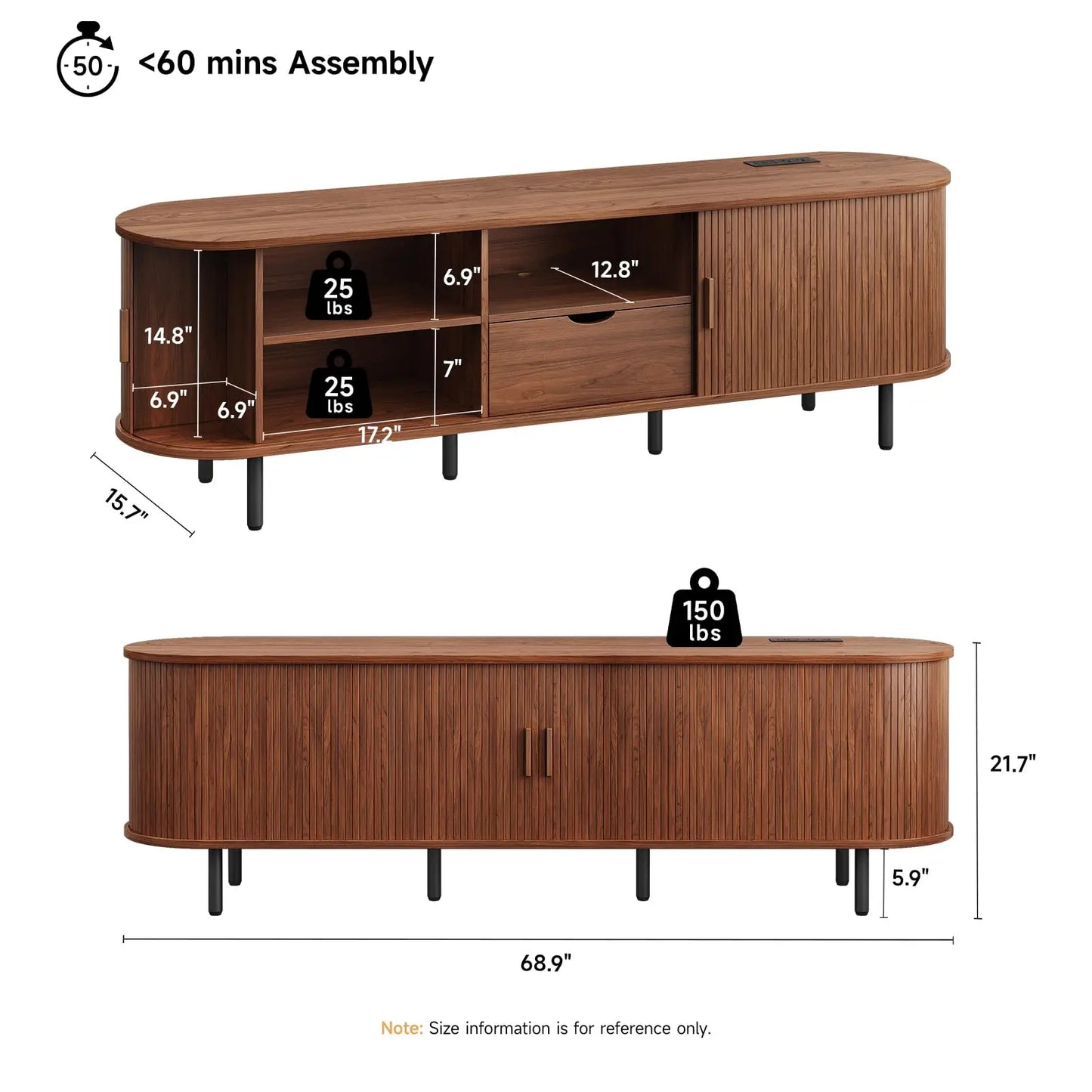【Categoryselect】Onbrill Mid-Century Modern Wooden TV Stand - 55/63/69 In, Fluted Look, Power Outlets, Sliding Doors, Adjustable Shelves, Easy Assembly, for 60/70 in Tvs, Living Room Furniture Media Console TV Shelf