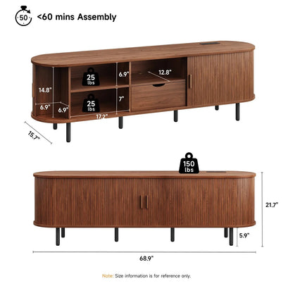 【Categoryselect】Onbrill Mid-Century Modern Wooden TV Stand - 55/63/69 In, Fluted Look, Power Outlets, Sliding Doors, Adjustable Shelves, Easy Assembly, for 60/70 in Tvs, Living Room Furniture Media Console TV Shelf