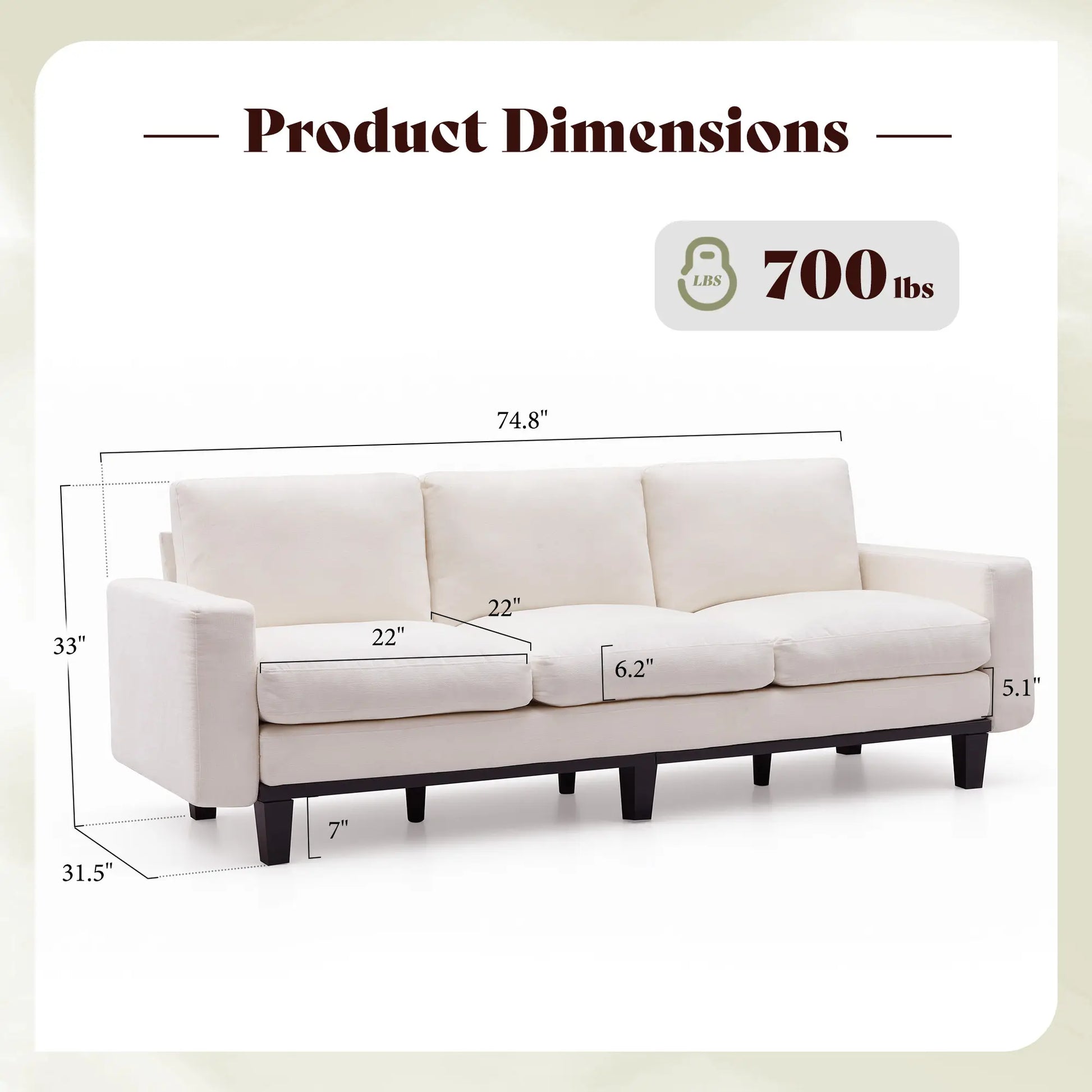 AMERLIFE Modern 3 Seater Sofa with Deep Seat, Fabric Couch for Living Room, Full Metal Support, Pet-Friendly Comfy Sofa, Standard Couch for Bedroom & Apartment