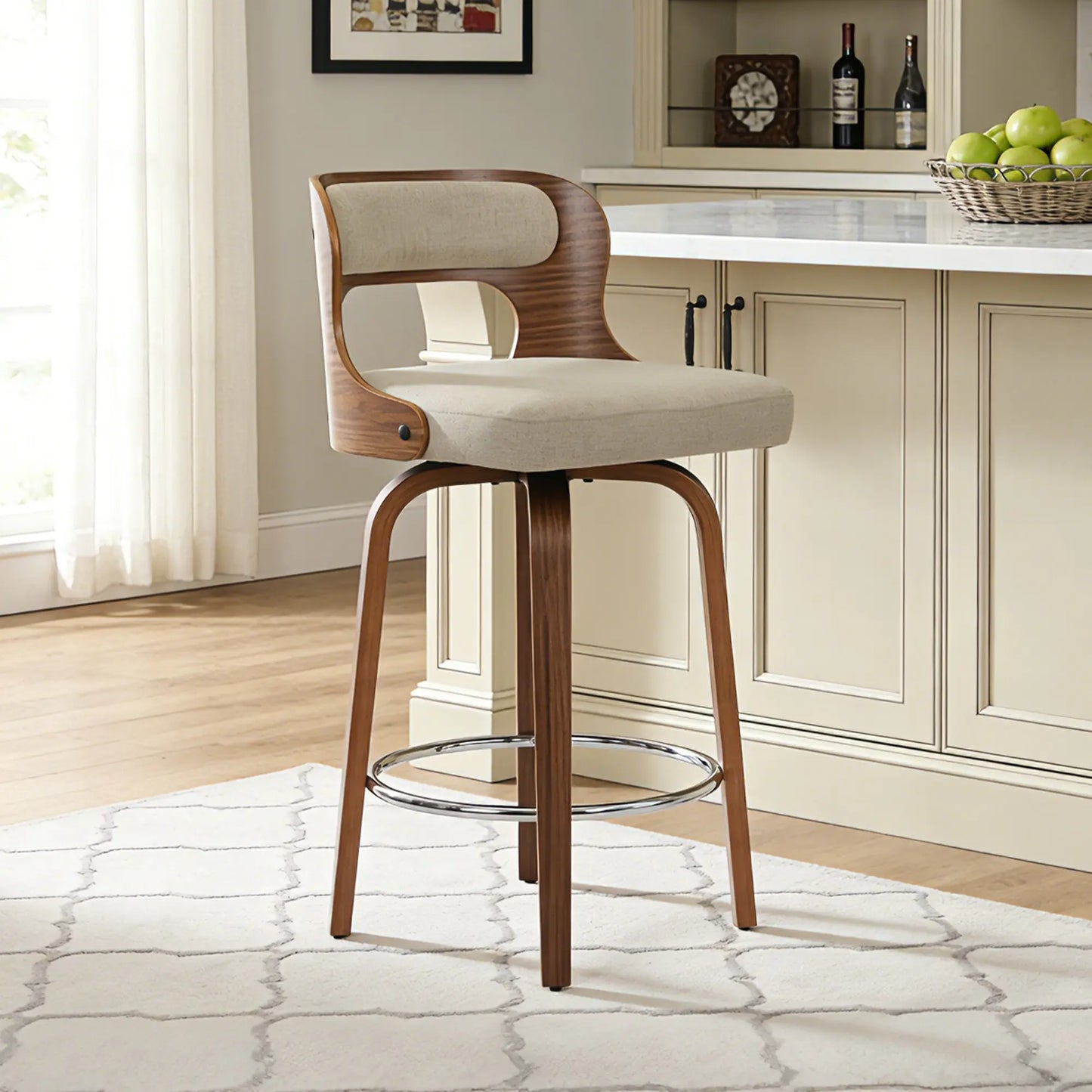 Counter Height Bar Stools Set - Mid-Century Modern Swivel Design with Bentwood Legs and Leather Upholstery, 360° Rotation, Available in Stylish Gray, Beige, Black, and White for Kitchen, Home Bar, or Restaurant