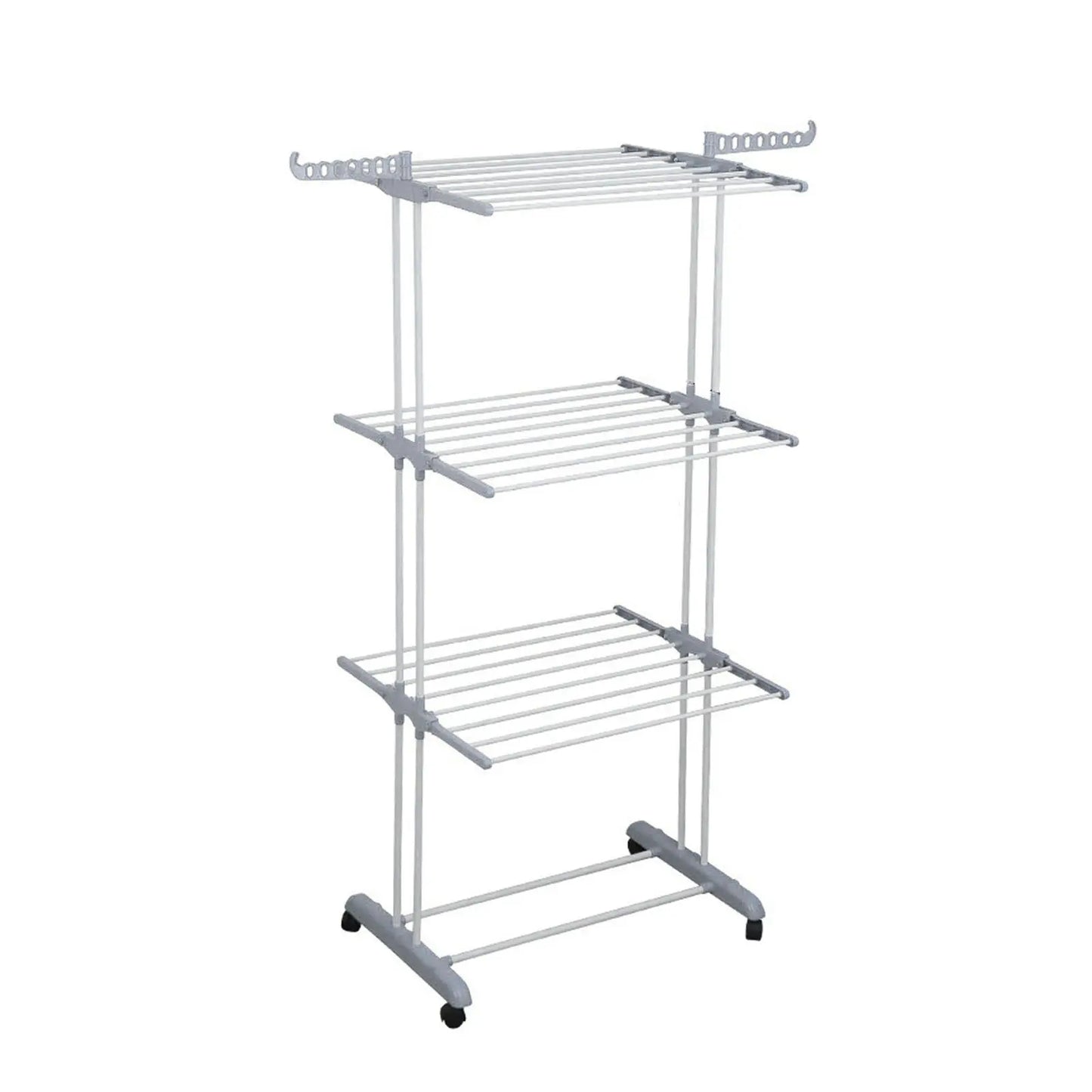 Oversized 4 Tier Clothes Drying Rack 66.93In High Foldable Stainless Steel Laundry Drying Rack with 4 Castors 24 Pillars 14 Hooks for Bed Linen Rolling Organizer