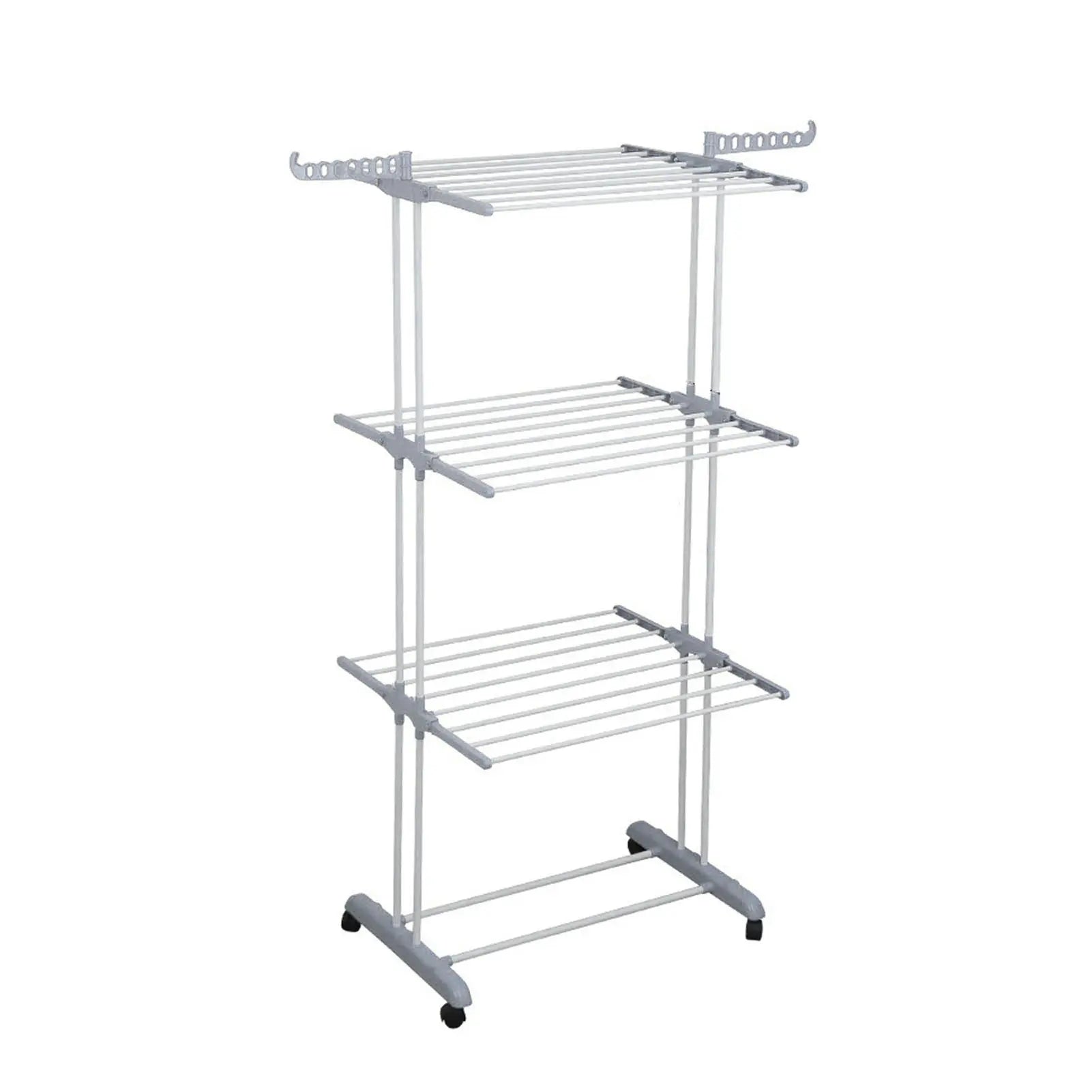 Oversized 4 Tier Clothes Drying Rack 66.93In High Foldable Stainless Steel Laundry Drying Rack with 4 Castors 24 Pillars 14 Hooks for Bed Linen Rolling Organizer