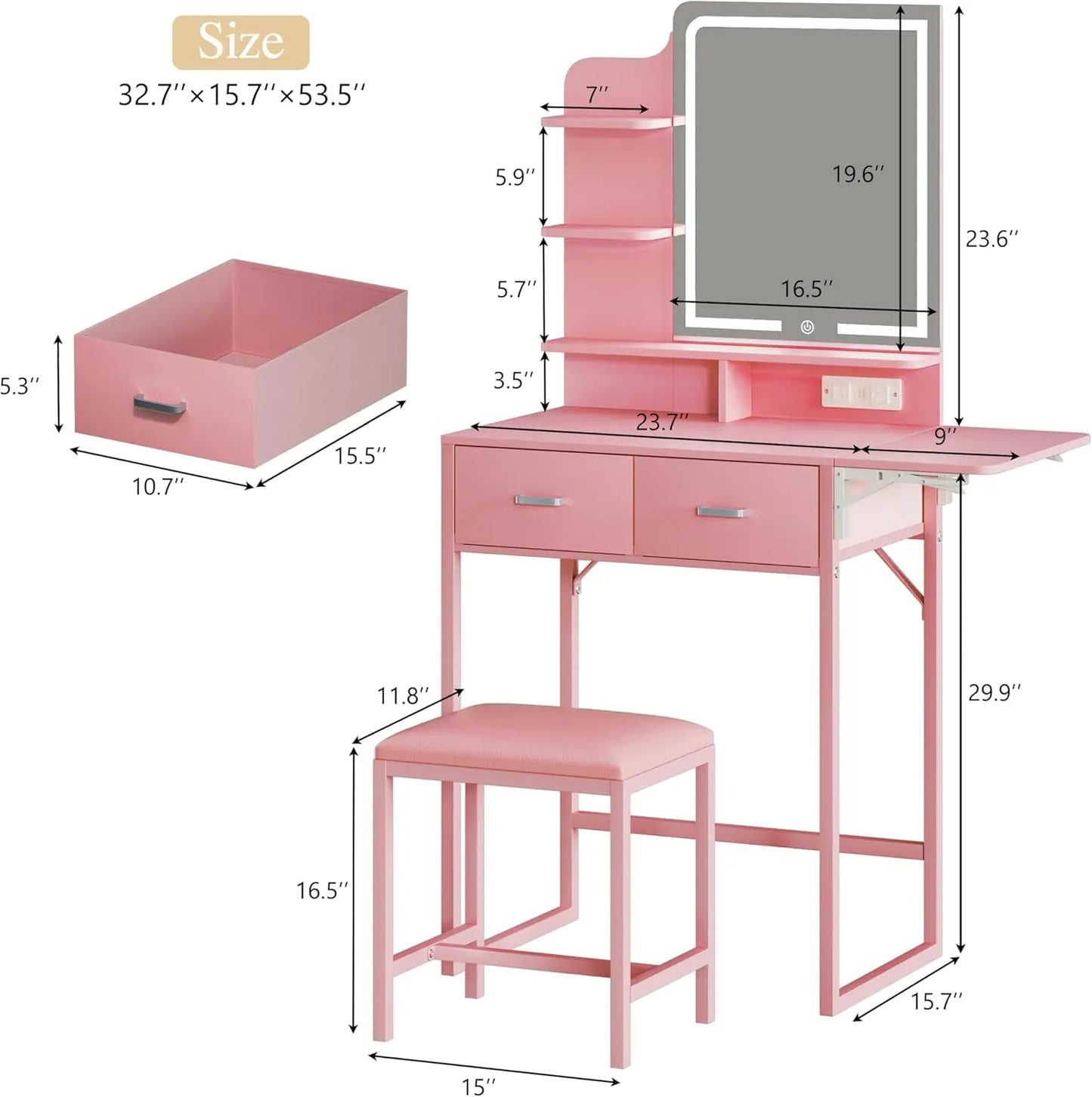 Makeup Vanity Desk with Mirror and Lights, Small Makeup Vanity with Fabric Storage Drawer & Chair & Shelves, Pink Vanity with Fold-Up Panel and Power Outlet for Bedroom