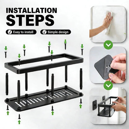 2-Pack Adhesive Wall-Mounted Floating Shelves with Hooks and Drainage Holes, Space-Saving Organizer for Bathroom, Kitchen, and Living Room (Black)
