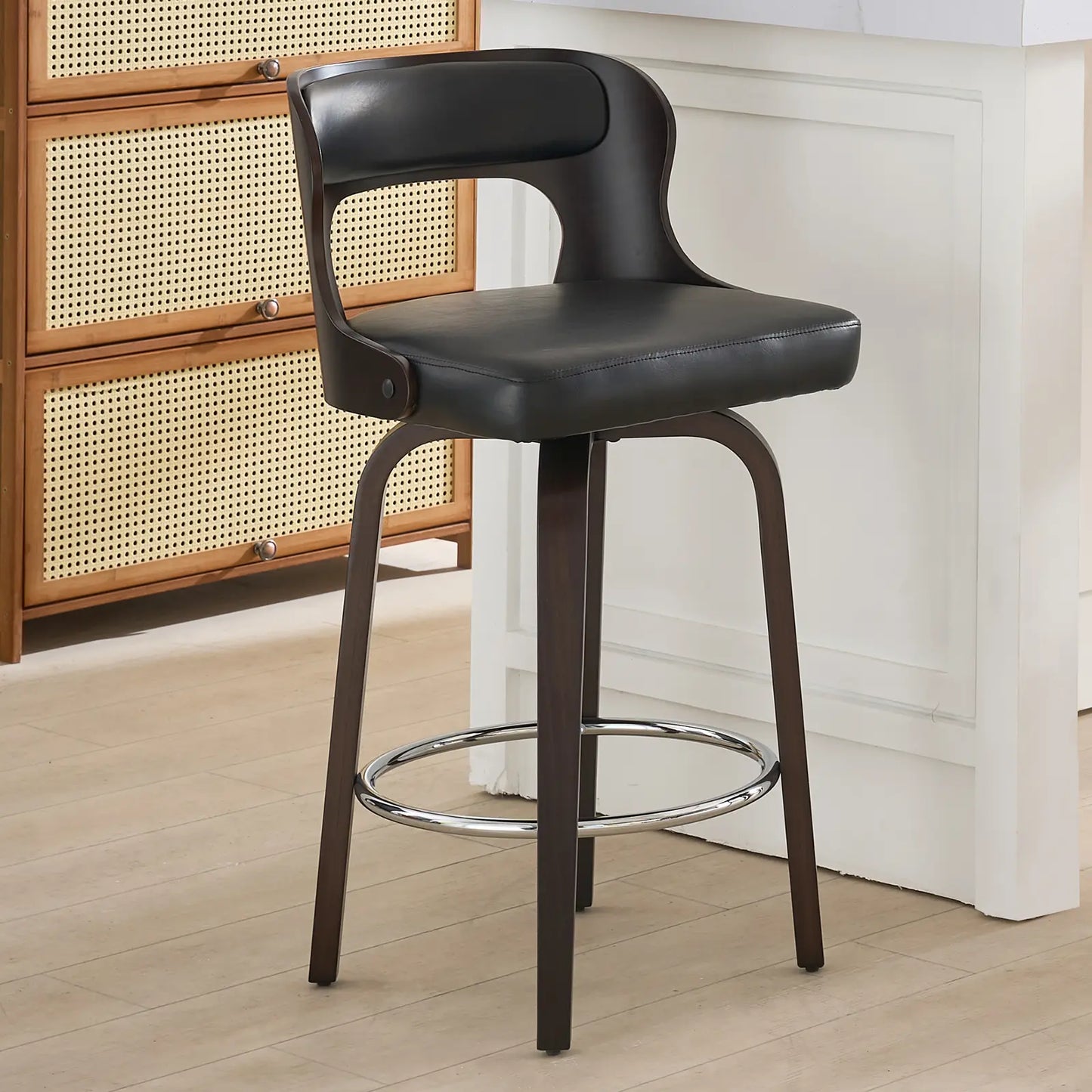 Counter Height Bar Stools Set - Mid-Century Modern Swivel Design with Bentwood Legs and Leather Upholstery, 360° Rotation, Available in Stylish Gray, Beige, Black, and White for Kitchen, Home Bar, or Restaurant