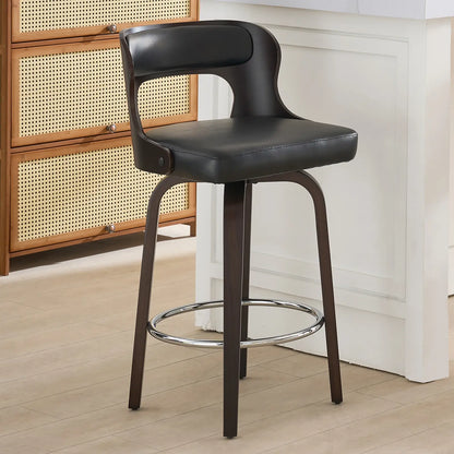Counter Height Bar Stools Set - Mid-Century Modern Swivel Design with Bentwood Legs and Leather Upholstery, 360° Rotation, Available in Stylish Gray, Beige, Black, and White for Kitchen, Home Bar, or Restaurant