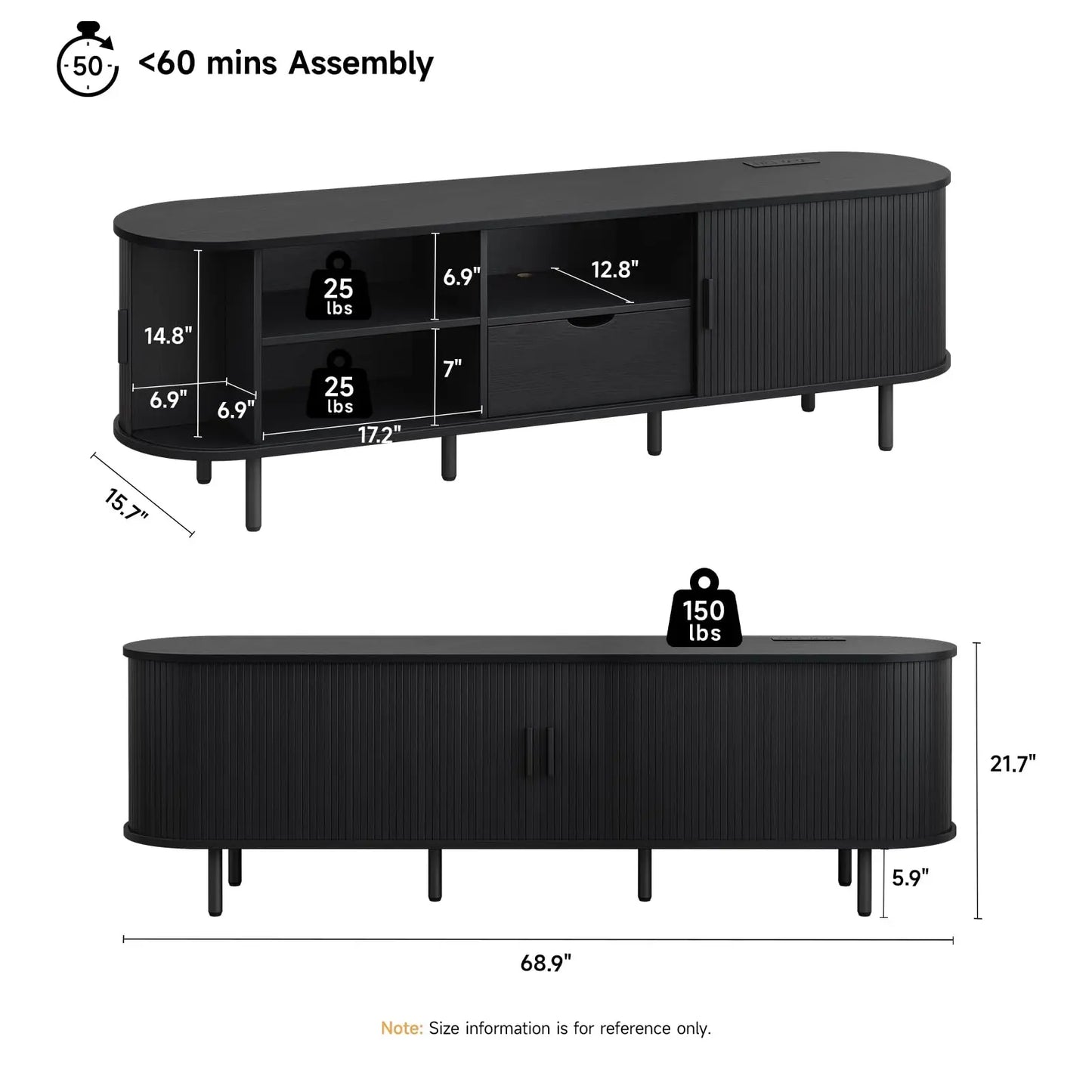 【Categoryselect】Onbrill Mid-Century Modern Wooden TV Stand - 55/63/69 In, Fluted Look, Power Outlets, Sliding Doors, Adjustable Shelves, Easy Assembly, for 60/70 in Tvs, Living Room Furniture Media Console TV Shelf