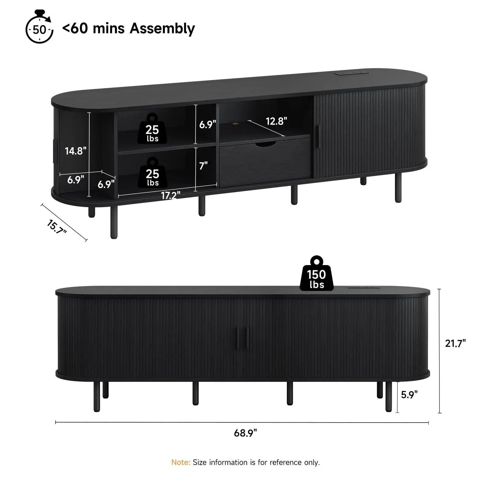 【Categoryselect】Onbrill Mid-Century Modern Wooden TV Stand - 55/63/69 In, Fluted Look, Power Outlets, Sliding Doors, Adjustable Shelves, Easy Assembly, for 60/70 in Tvs, Living Room Furniture Media Console TV Shelf