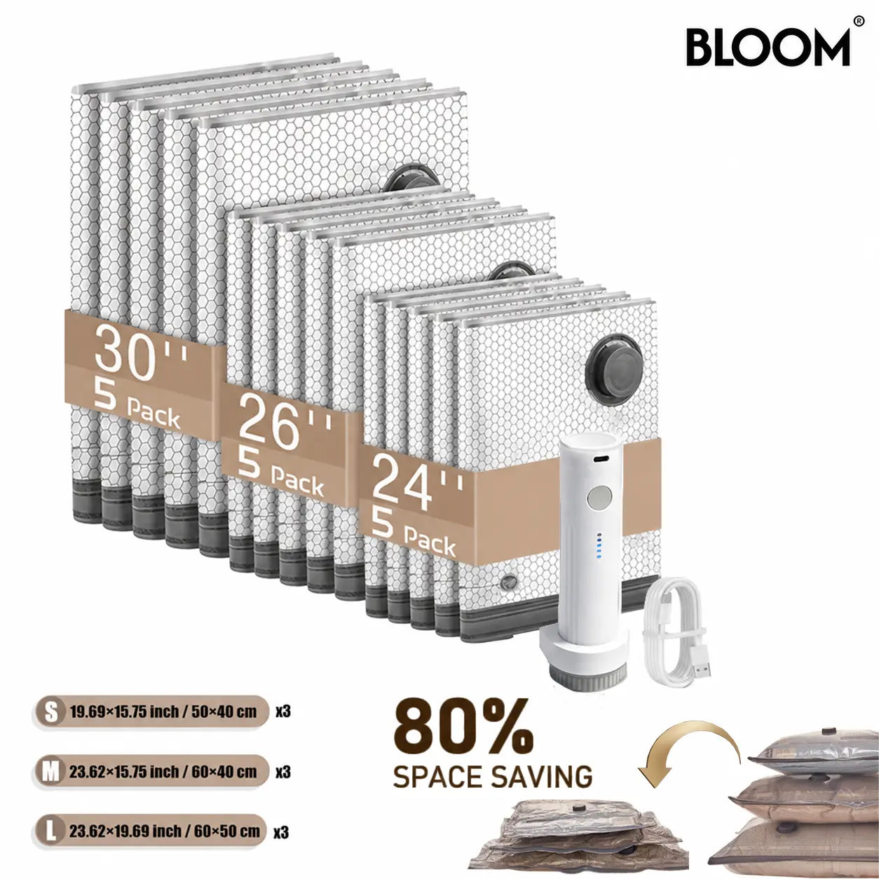 BLOOM LL [2026 Upgraded Edition] — 9/12/15/27-Piece Leak-Proof Vacuum Travel Storage Bag Set. Includes Rechargeable Cordless Electric Air Pump. Ideal for Clothing, Bedding, Luggage, Suitcases, and Moving Storage.