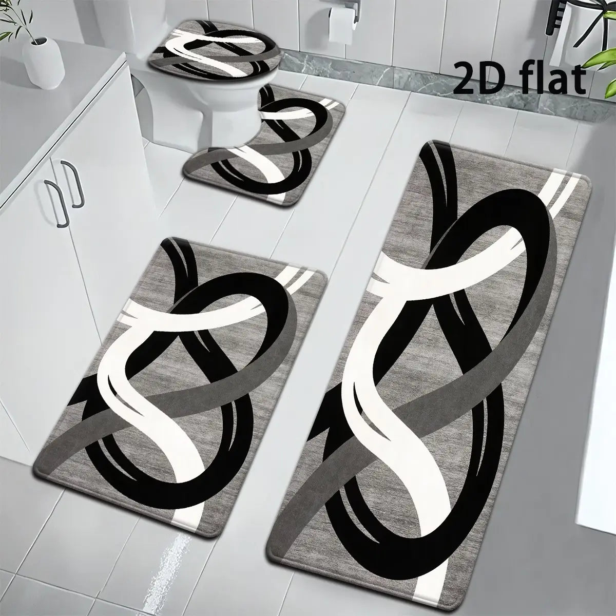 Abstract Geometric Non-Slip Bathroom Rug Set, 4-Piece Modern Black, White and Grey Contour Toilet Mats with U-Shaped Seat Cover, Absorbent and Washable Shower Floor Mats for Elegant Bathroom Decor