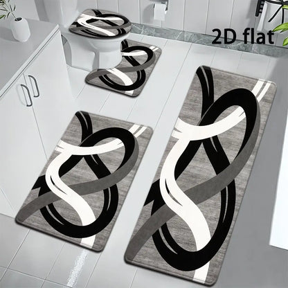 Abstract Geometric Non-Slip Bathroom Rug Set, 4-Piece Modern Black, White and Grey Contour Toilet Mats with U-Shaped Seat Cover, Absorbent and Washable Shower Floor Mats for Elegant Bathroom Decor