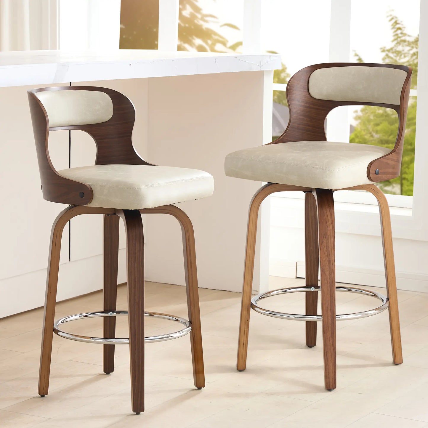 Counter Height Bar Stools Set - Mid-Century Modern Swivel Design with Bentwood Legs and Leather Upholstery, 360° Rotation, Available in Stylish Gray, Beige, Black, and White for Kitchen, Home Bar, or Restaurant
