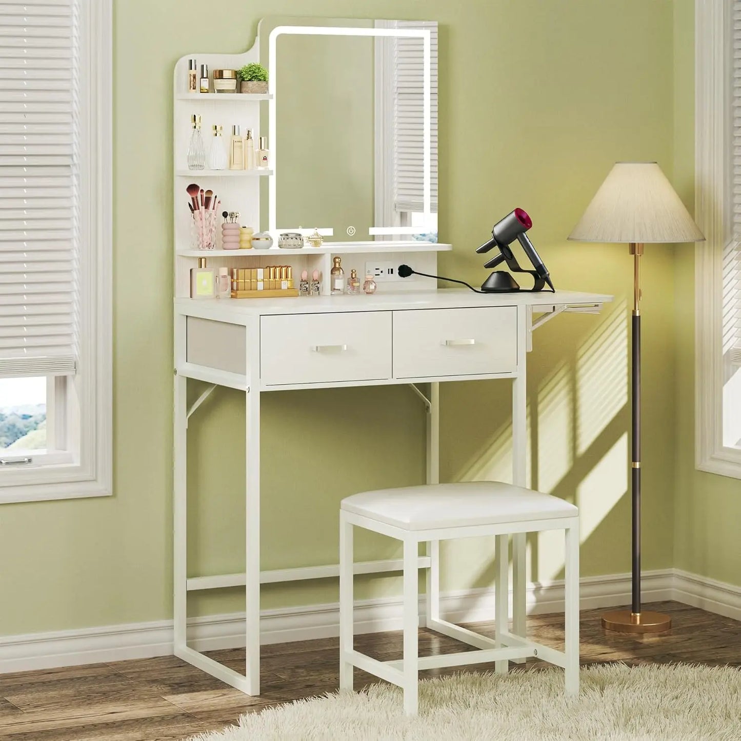 Makeup Vanity Desk with Mirror and Lights, Small Makeup Vanity with Fabric Storage Drawer & Chair & Shelves, Pink Vanity with Fold-Up Panel and Power Outlet for Bedroom