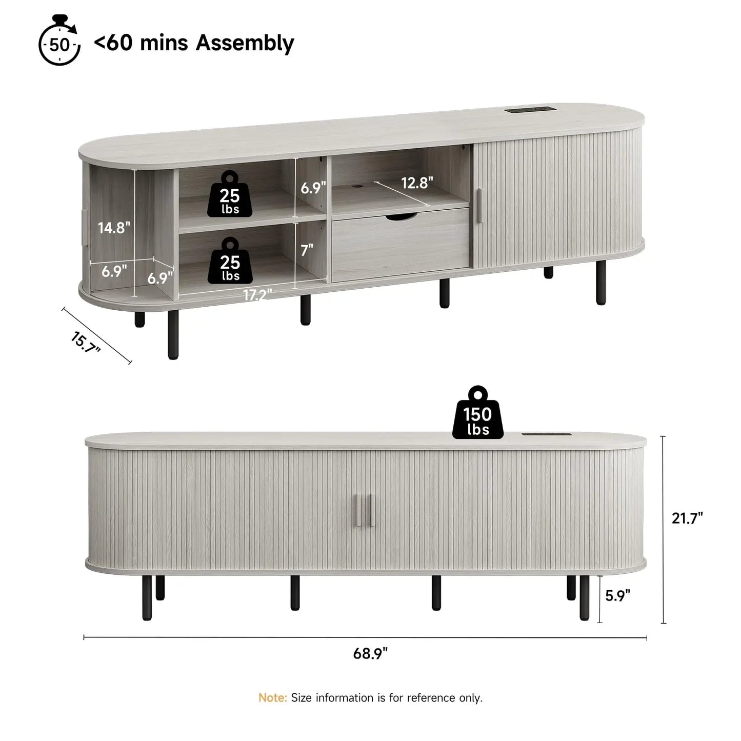 【Categoryselect】Onbrill Mid-Century Modern Wooden TV Stand - 55/63/69 In, Fluted Look, Power Outlets, Sliding Doors, Adjustable Shelves, Easy Assembly, for 60/70 in Tvs, Living Room Furniture Media Console TV Shelf
