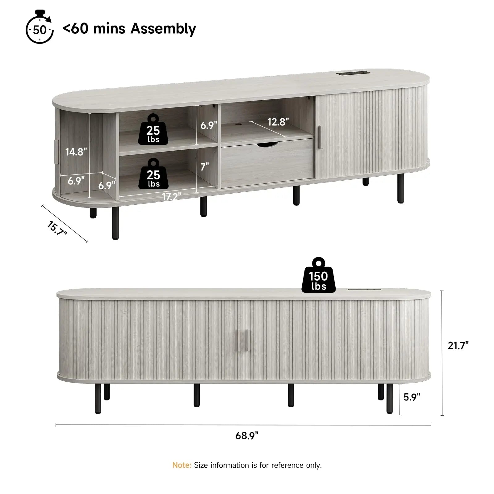 【Categoryselect】Onbrill Mid-Century Modern Wooden TV Stand - 55/63/69 In, Fluted Look, Power Outlets, Sliding Doors, Adjustable Shelves, Easy Assembly, for 60/70 in Tvs, Living Room Furniture Media Console TV Shelf