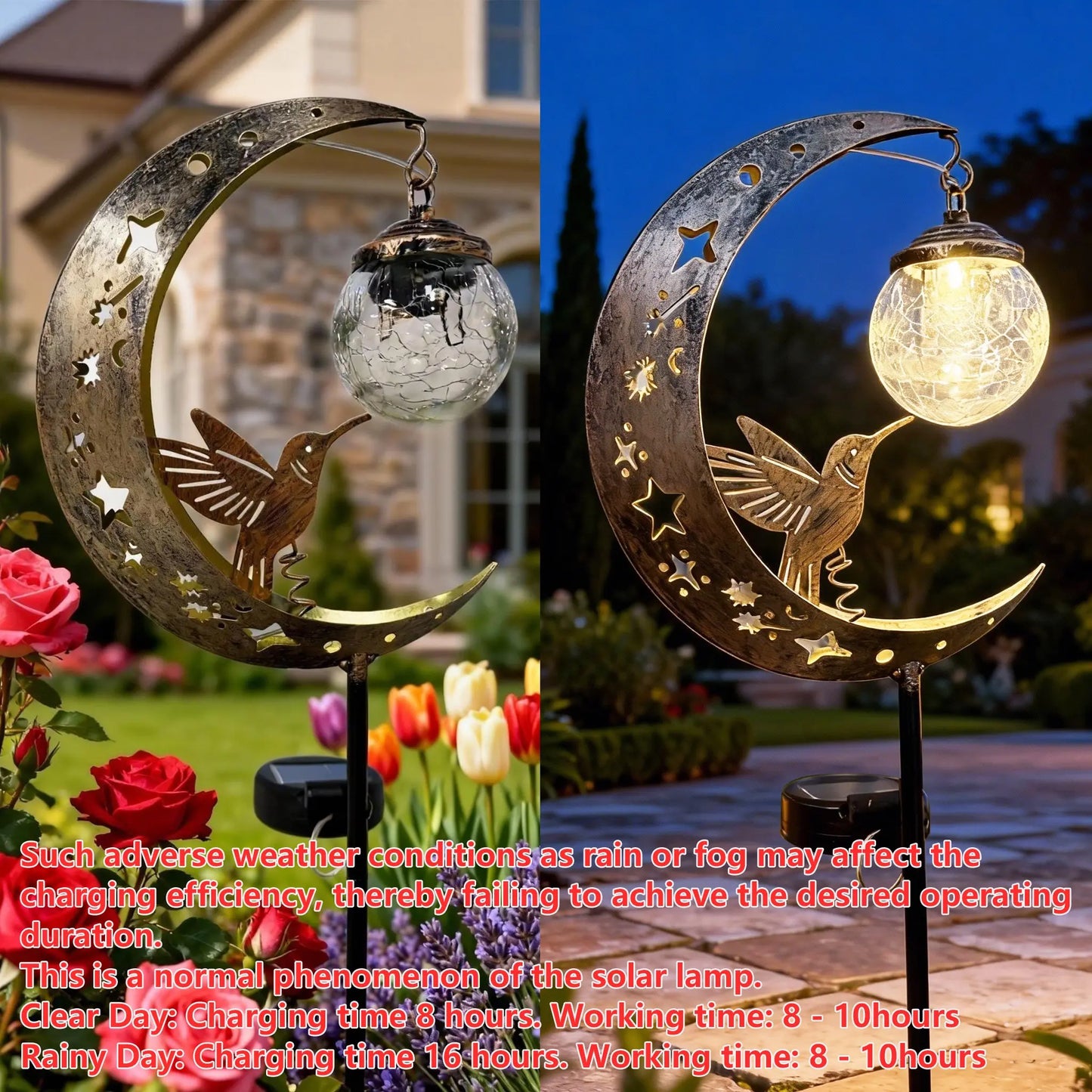Solar Ground Stake Light with Hollow Iron Bird Moon Design and Broken Glass Ball for Outdoor Garden Pathway Decoration