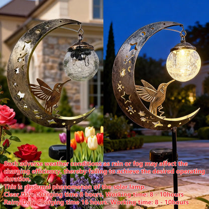 Solar Ground Stake Light with Hollow Iron Bird Moon Design and Broken Glass Ball for Outdoor Garden Pathway Decoration