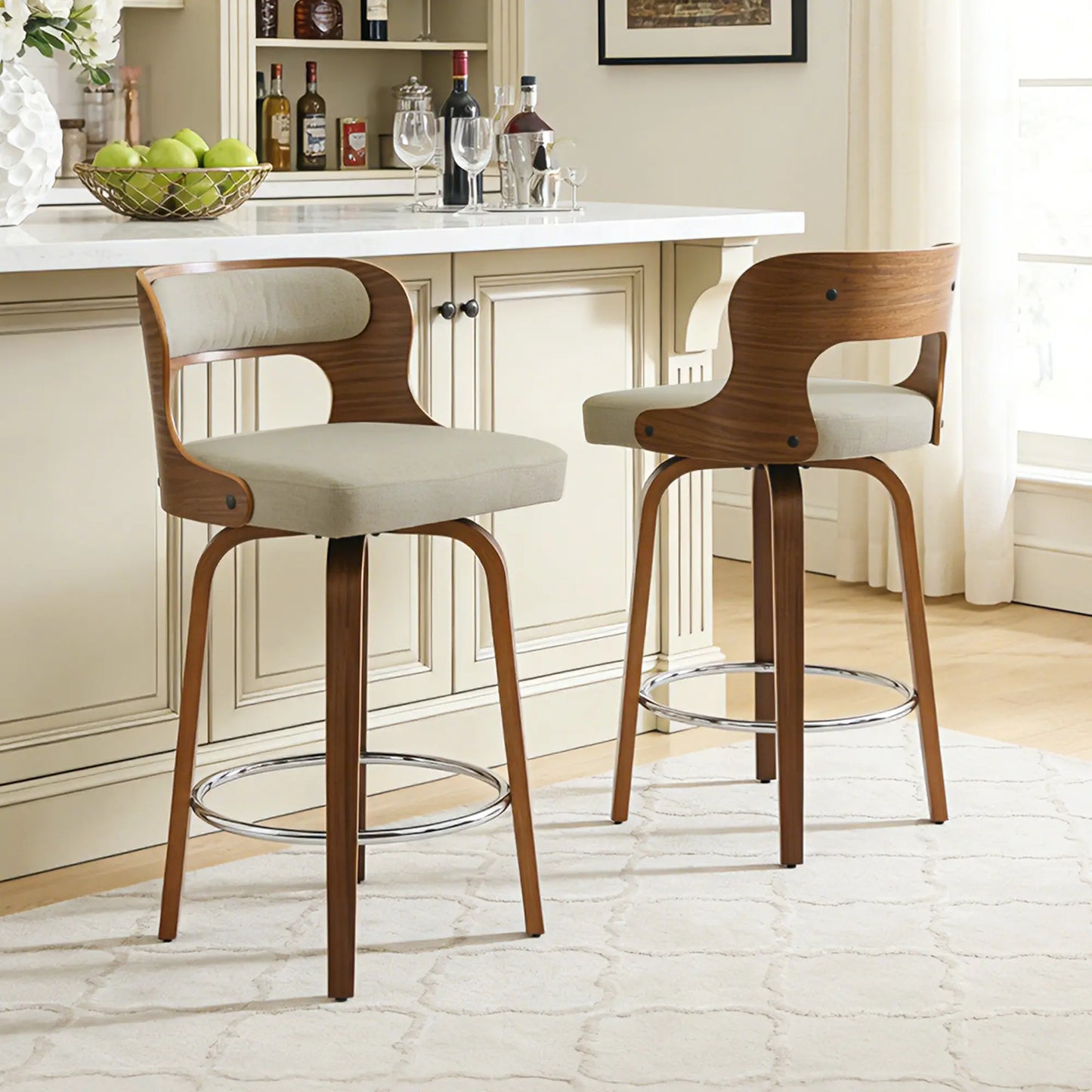 Counter Height Bar Stools Set - Mid-Century Modern Swivel Design with Bentwood Legs and Leather Upholstery, 360° Rotation, Available in Stylish Gray, Beige, Black, and White for Kitchen, Home Bar, or Restaurant