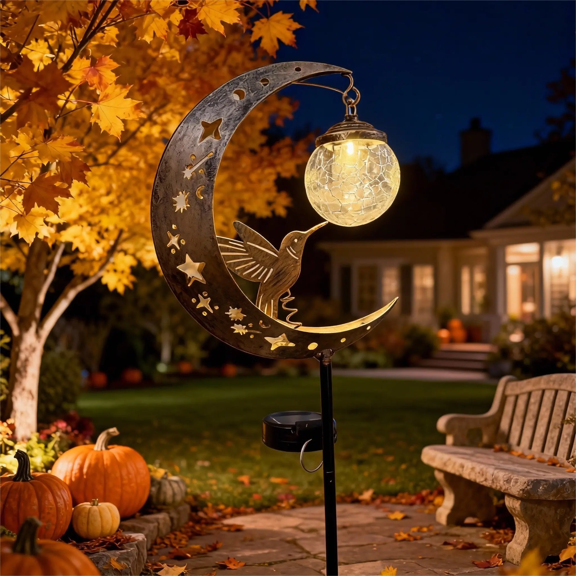 Solar Ground Stake Light with Hollow Iron Bird Moon Design and Broken Glass Ball for Outdoor Garden Pathway Decoration