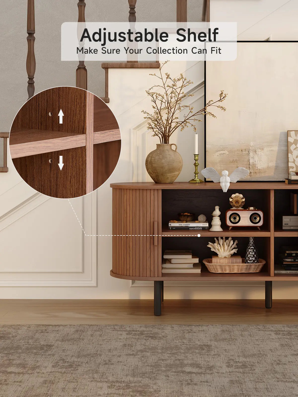 【Categoryselect】Onbrill Mid-Century Modern Wooden TV Stand - 55/63/69 In, Fluted Look, Power Outlets, Sliding Doors, Adjustable Shelves, Easy Assembly, for 60/70 in Tvs, Living Room Furniture Media Console TV Shelf