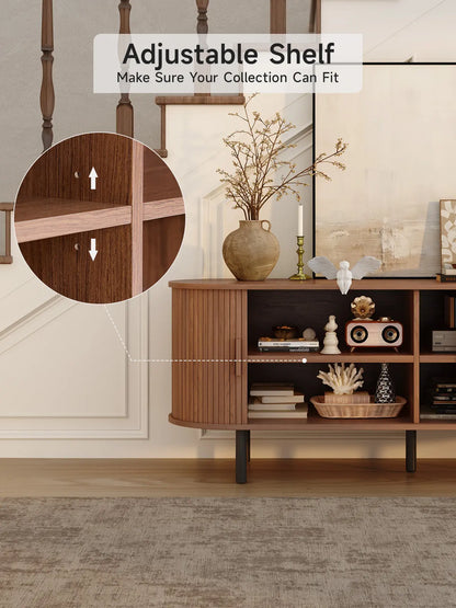 【Categoryselect】Onbrill Mid-Century Modern Wooden TV Stand - 55/63/69 In, Fluted Look, Power Outlets, Sliding Doors, Adjustable Shelves, Easy Assembly, for 60/70 in Tvs, Living Room Furniture Media Console TV Shelf