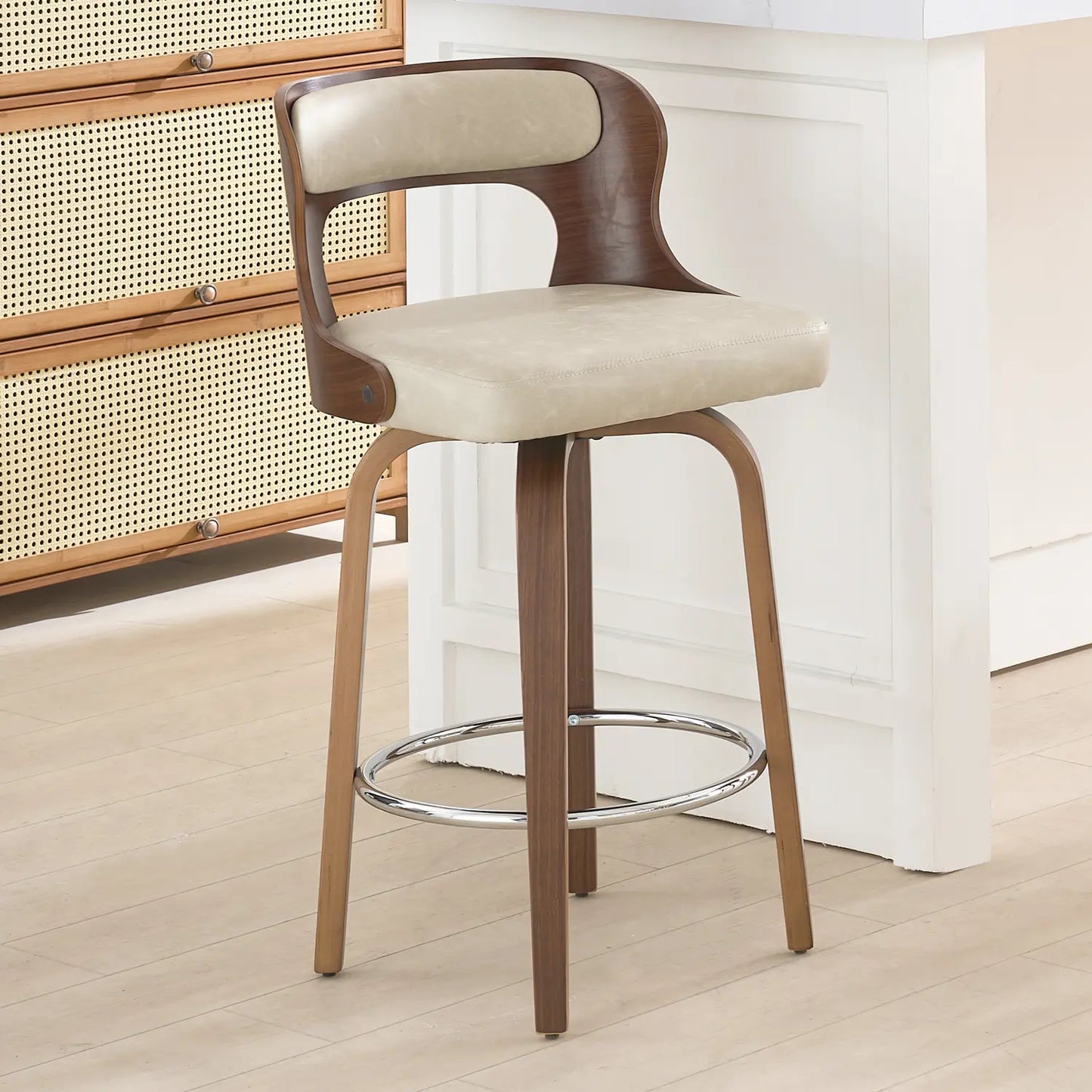 Counter Height Bar Stools Set - Mid-Century Modern Swivel Design with Bentwood Legs and Leather Upholstery, 360° Rotation, Available in Stylish Gray, Beige, Black, and White for Kitchen, Home Bar, or Restaurant
