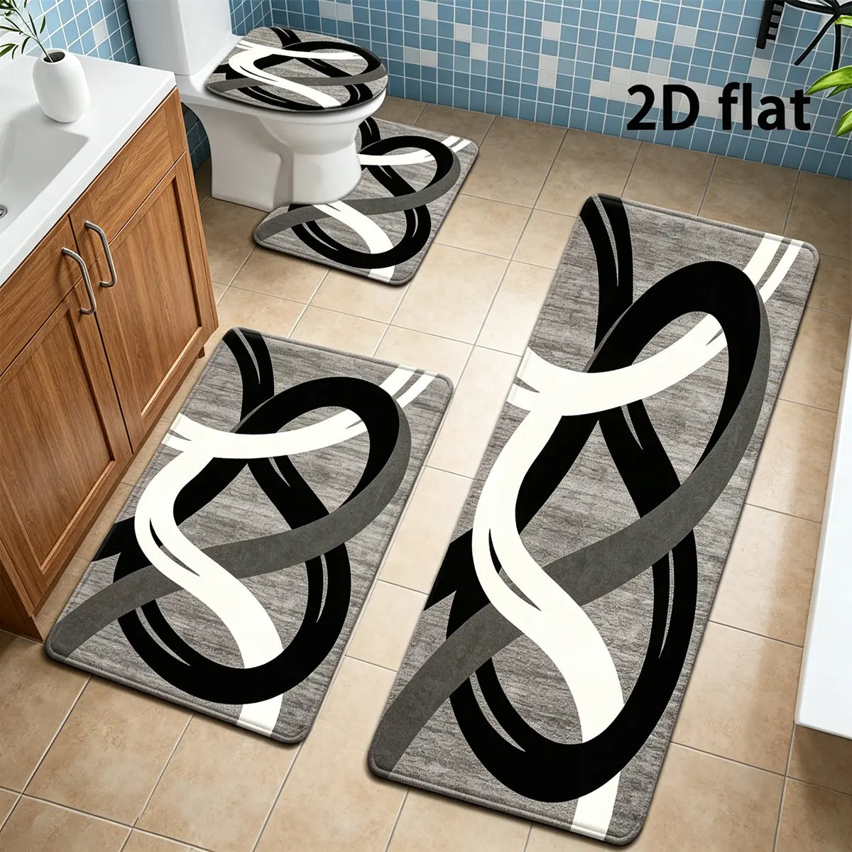 Abstract Geometric Non-Slip Bathroom Rug Set, 4-Piece Modern Black, White and Grey Contour Toilet Mats with U-Shaped Seat Cover, Absorbent and Washable Shower Floor Mats for Elegant Bathroom Decor