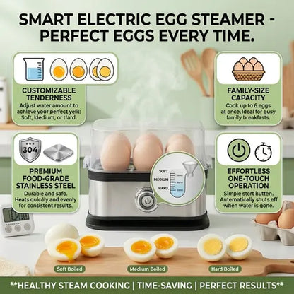 6-Egg Capacity Electric Egg Boiler, Auto Shut-Off Safety, Hard-Boiled Poached Scrambled Eggs, Quick Meal Prep, Multifunction Dumpling Steamer Lid. Summervibes.
