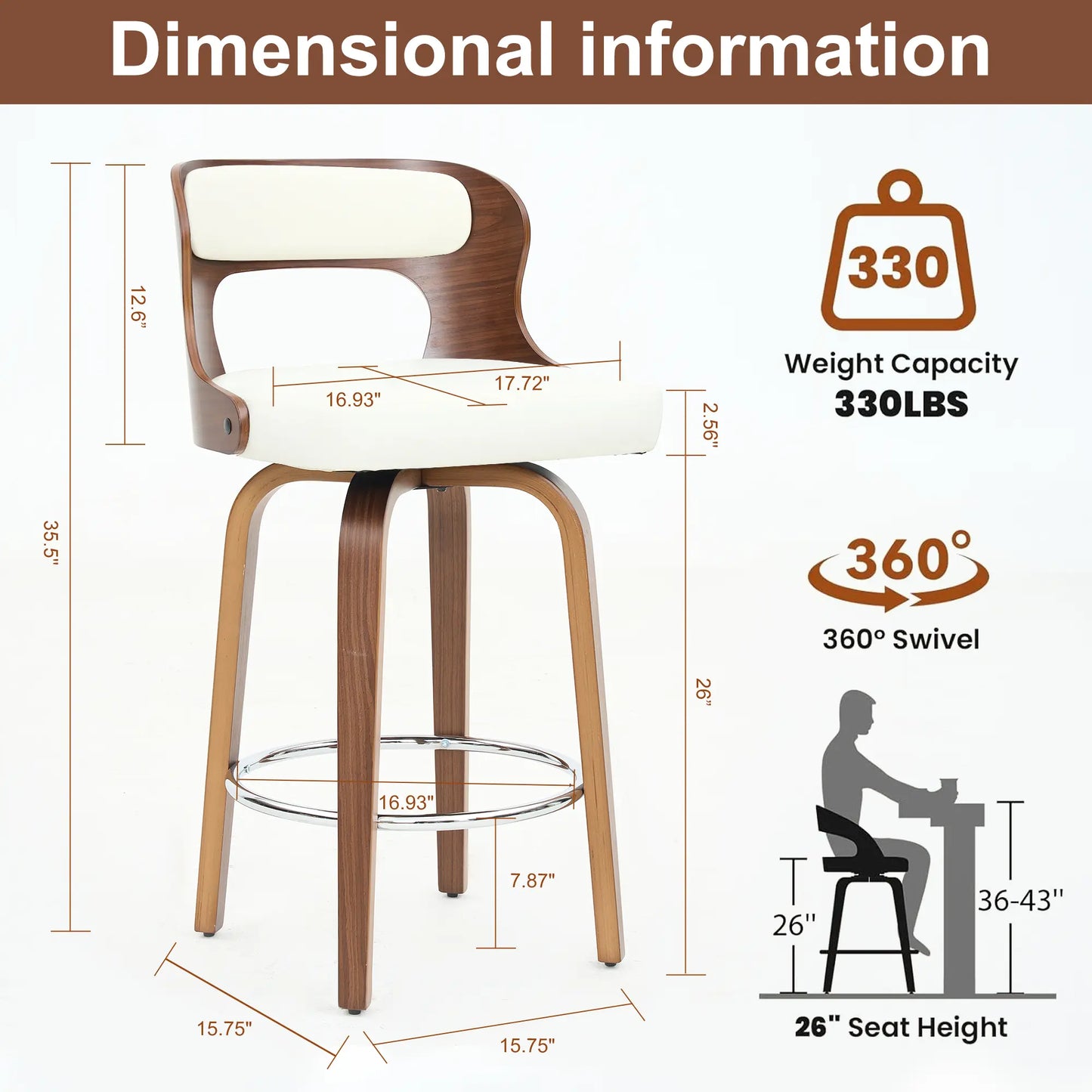 Counter Height Bar Stools Set - Mid-Century Modern Swivel Design with Bentwood Legs and Leather Upholstery, 360° Rotation, Available in Stylish Gray, Beige, Black, and White for Kitchen, Home Bar, or Restaurant