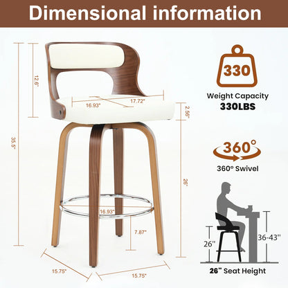 Counter Height Bar Stools Set - Mid-Century Modern Swivel Design with Bentwood Legs and Leather Upholstery, 360° Rotation, Available in Stylish Gray, Beige, Black, and White for Kitchen, Home Bar, or Restaurant