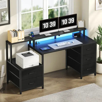 Sweetcrispy 67'' Computer Gaming Desk with 5-Drawer Storage, Monitor Stand, LED Lights, Power Outlets and Printer Cabinet