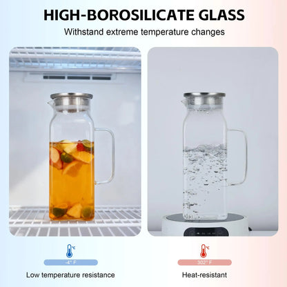 2 Quart Square Borosilicate Glass Pitcher with Lid and Spout, Ideal for Iced Tea, Coffee, Juice, and Milk, Features Handle for Easy Pouring, Suitable for Hot and Cold Beverages
