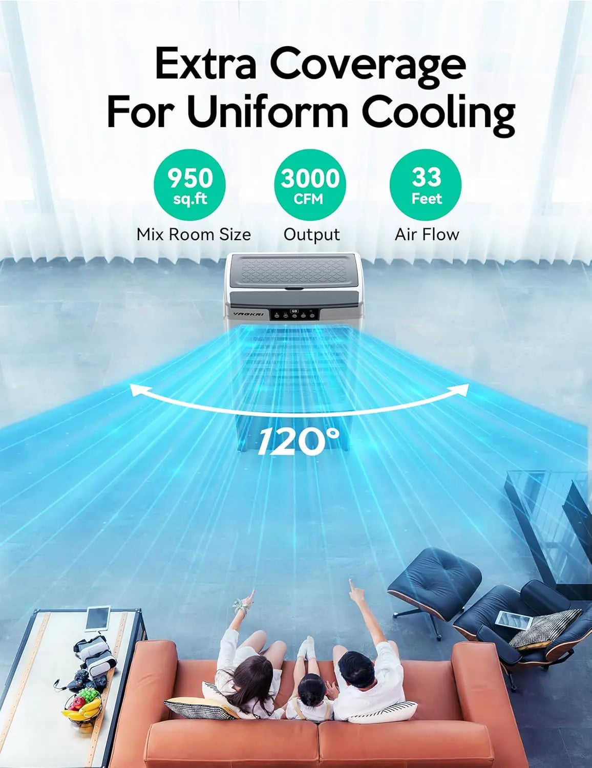 Evaporative Air Cooler, VAGKRI 9.2Gallon-12Gallon, 120°Oscillation Air Cooler with Remote Control, 24H Timer, 3 Modes & Wind Speeds for Outdoor Indoor Use, 2100-3000CFM Swamp Cooler #Summervibes