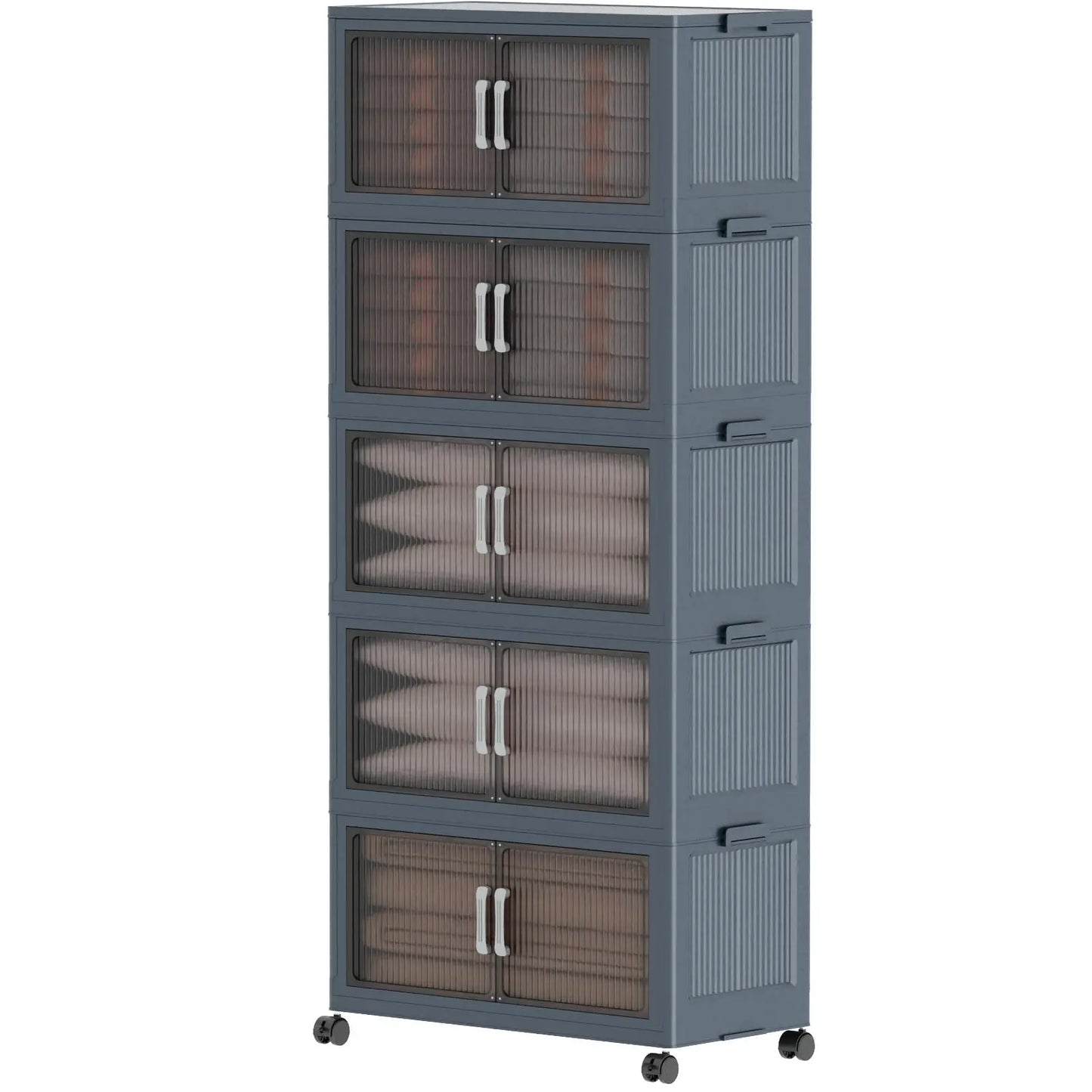 5 Tier Folding Storage Containers with Wheels, Stackable Collapsible Plastic Bins, Durable Organizer for Kitchen Pantry and Closet