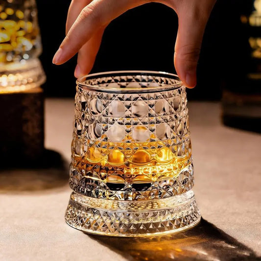 Luxury 360° Rotating Crystal Glass - Star-Cut Stress Relief Whiskey and Wine Glass, Sophisticated European Barware Gift