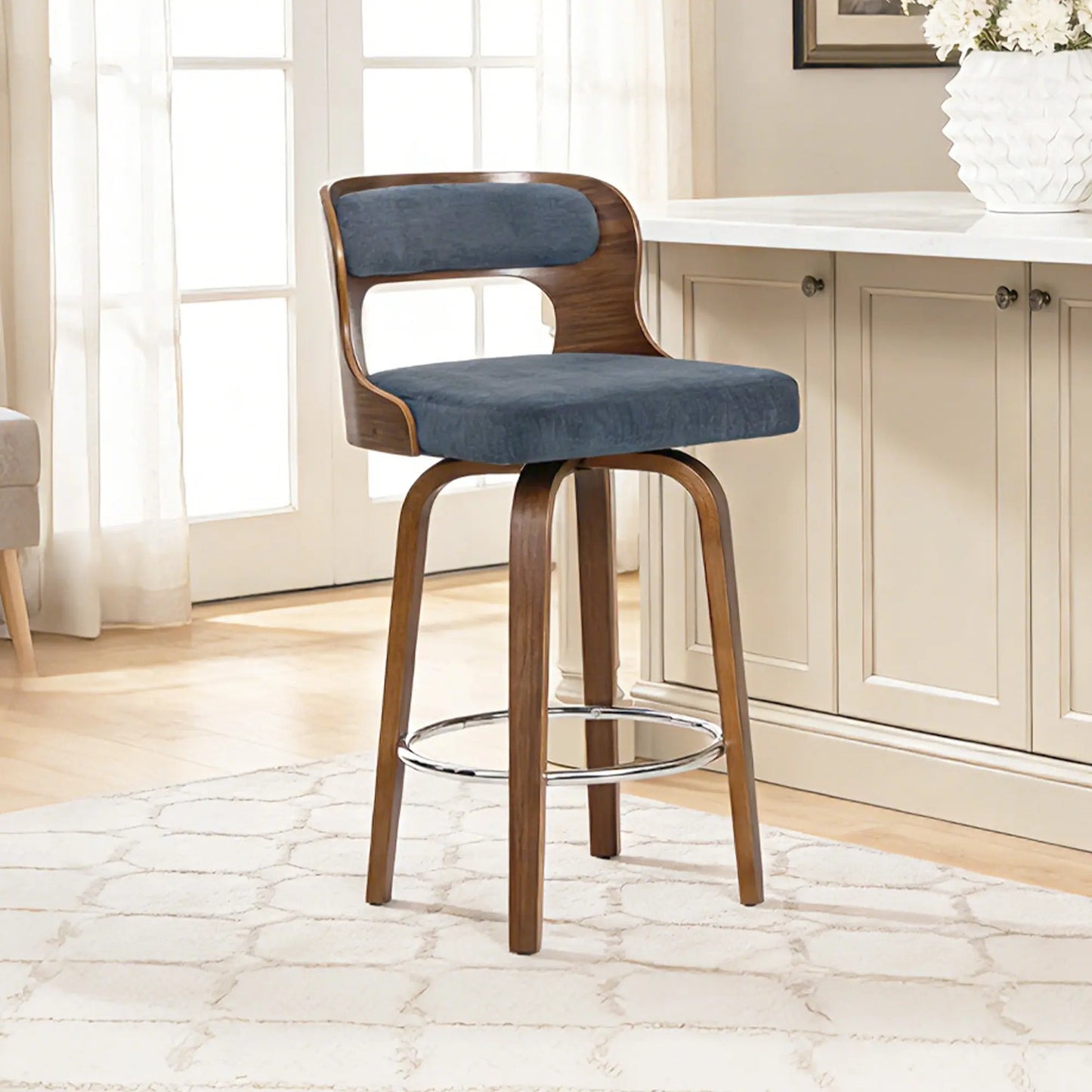 Counter Height Bar Stools Set - Mid-Century Modern Swivel Design with Bentwood Legs and Leather Upholstery, 360° Rotation, Available in Stylish Gray, Beige, Black, and White for Kitchen, Home Bar, or Restaurant