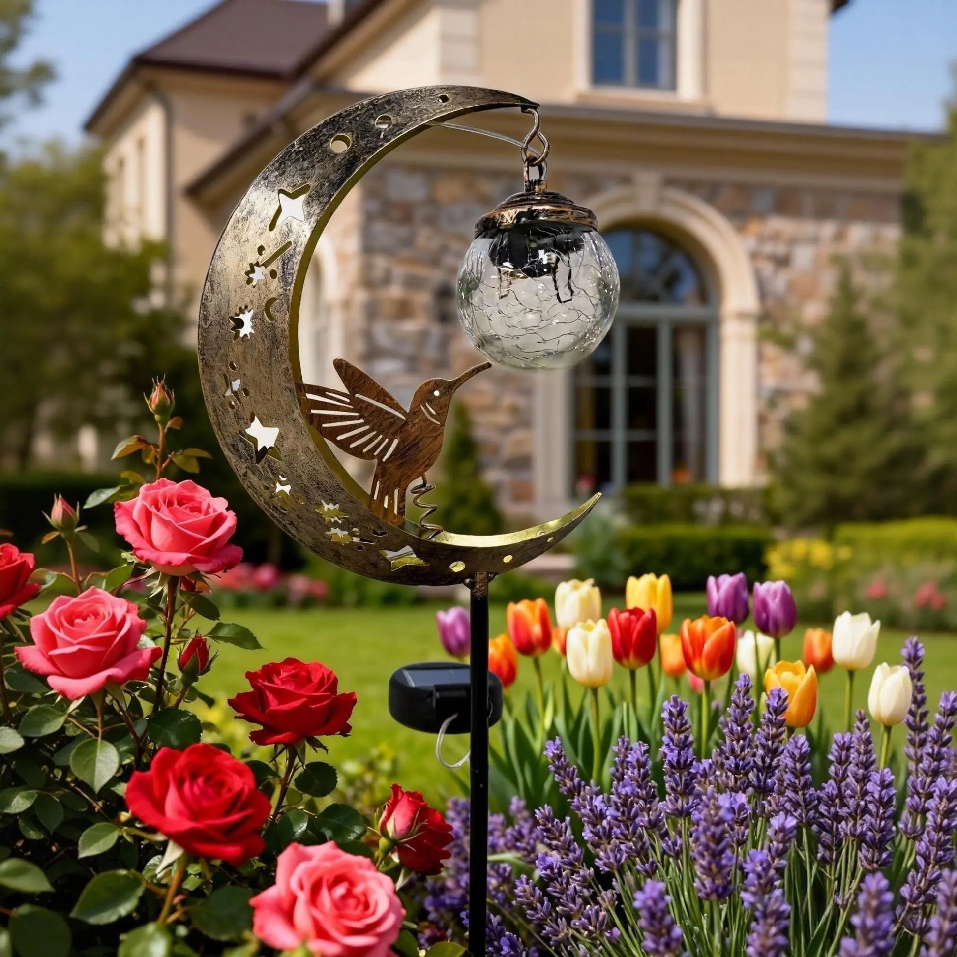 Solar Ground Stake Light with Hollow Iron Bird Moon Design and Broken Glass Ball for Outdoor Garden Pathway Decoration