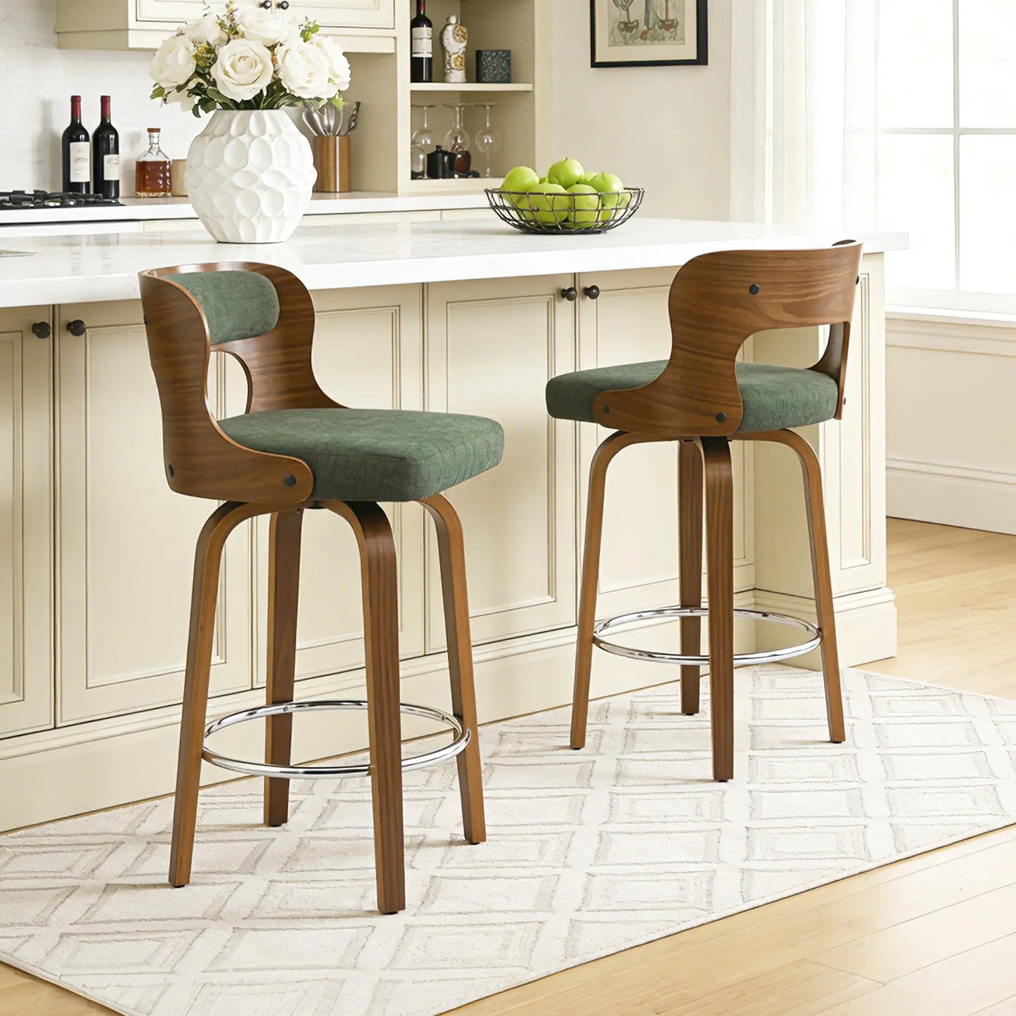 Counter Height Bar Stools Set - Mid-Century Modern Swivel Design with Bentwood Legs and Leather Upholstery, 360° Rotation, Available in Stylish Gray, Beige, Black, and White for Kitchen, Home Bar, or Restaurant
