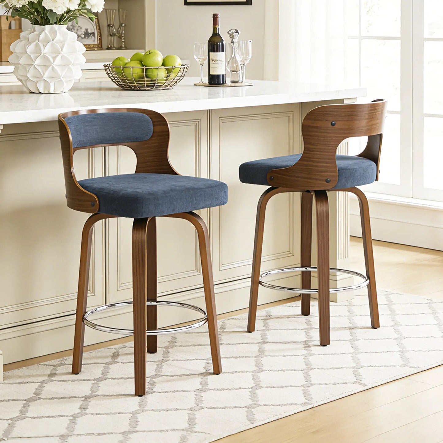 Counter Height Bar Stools Set - Mid-Century Modern Swivel Design with Bentwood Legs and Leather Upholstery, 360° Rotation, Available in Stylish Gray, Beige, Black, and White for Kitchen, Home Bar, or Restaurant