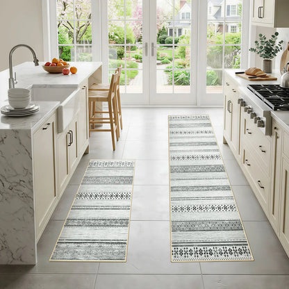 Summervibes BESTSWEETIE 2Pcs Kitchen Runner Rug Large Boho Area Rug Set Geometric Farmhouse Mat Non Slip Washable Mat for Kitchen Living Room Entryway Laundry Room