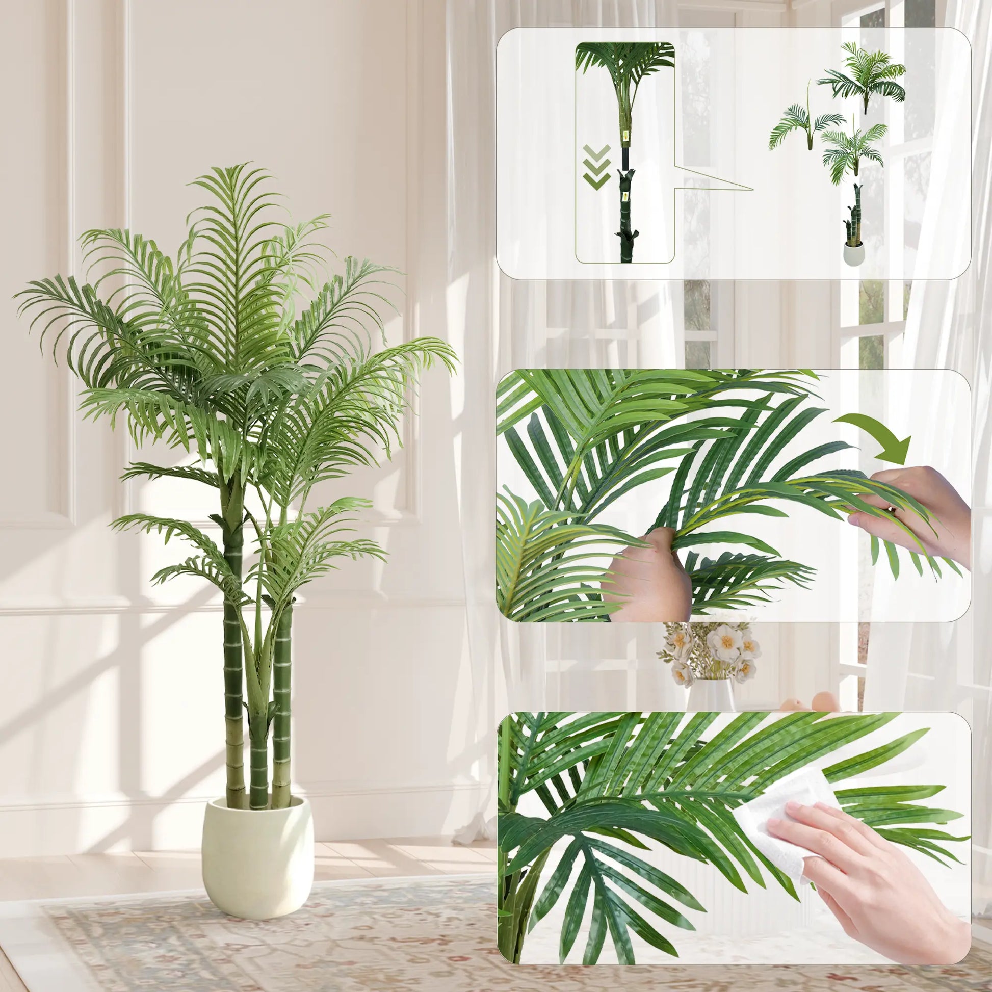 4/5/6FT Faux Areca Palm Tree with Modern White Pot - 3 Trunk Artificial Plant Premium Artificial Tropical Plant for Home Office