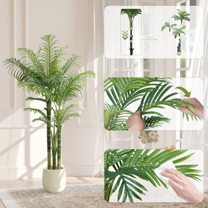 4/5/6FT Faux Areca Palm Tree with Modern White Pot - 3 Trunk Artificial Plant Premium Artificial Tropical Plant for Home Office