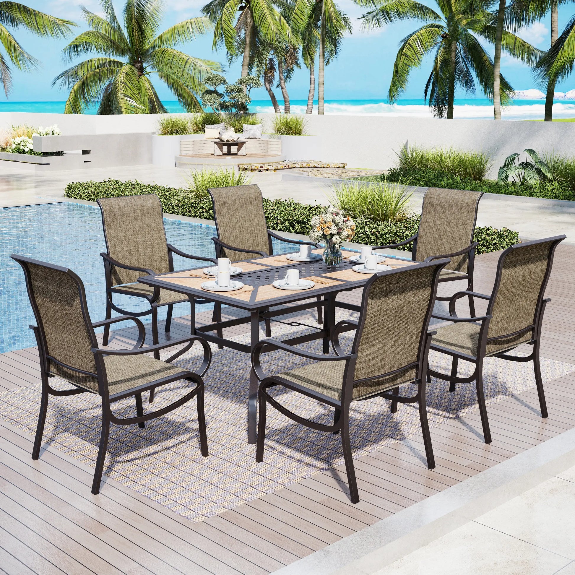 Phivilla Rectangular Outdoor Dining Table Set with 1.6"-2" Adjustable Umbrella Hole, 6 Person Patio Table for Outdoor, Rectangle Patio Table with Faux Wood Tabletop and Metal Steel Frame