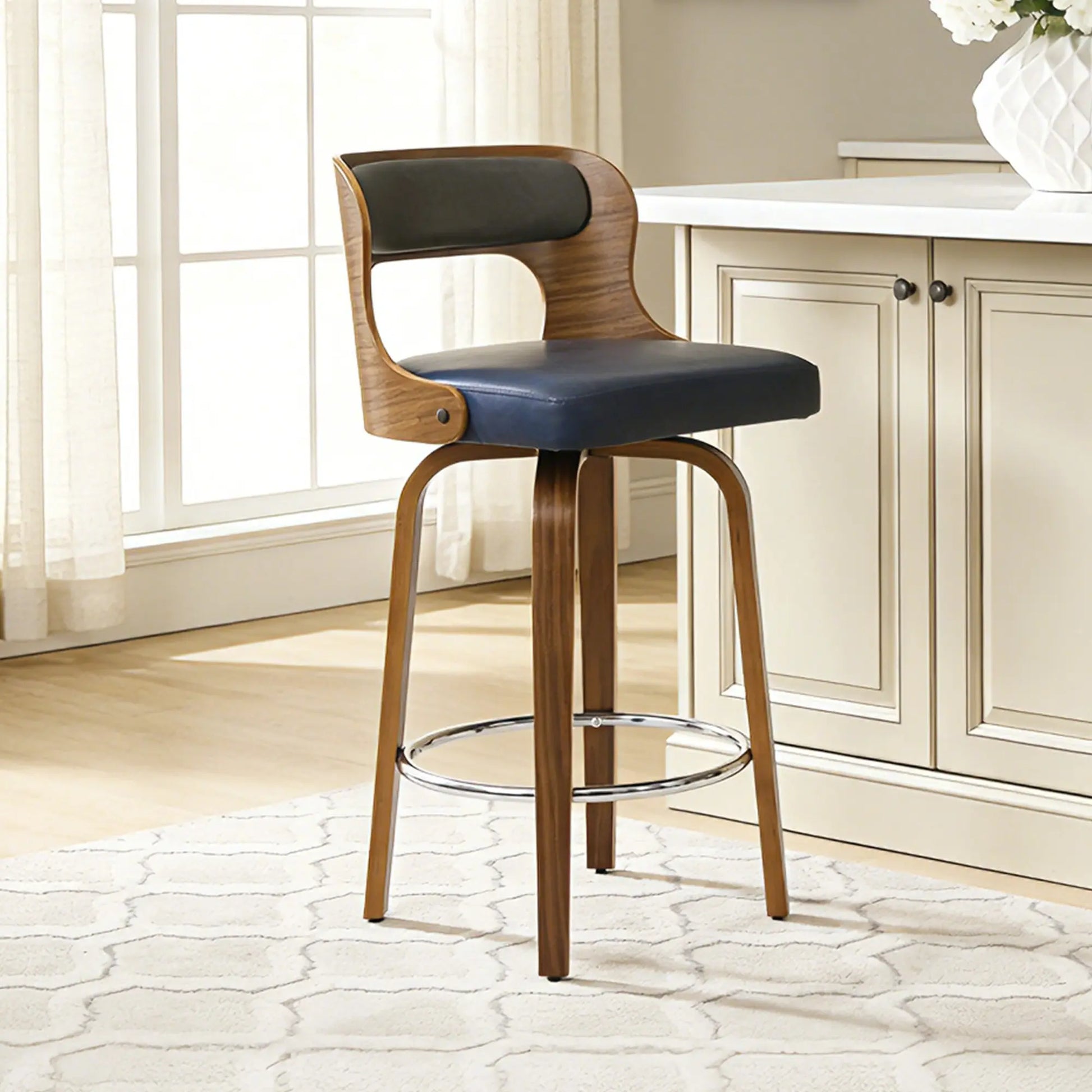 Counter Height Bar Stools Set - Mid-Century Modern Swivel Design with Bentwood Legs and Leather Upholstery, 360° Rotation, Available in Stylish Gray, Beige, Black, and White for Kitchen, Home Bar, or Restaurant